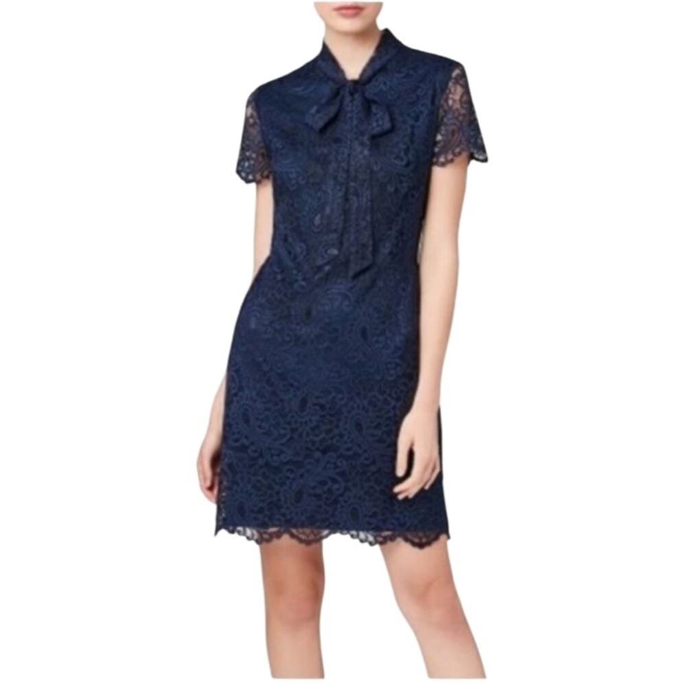 Betsey Johnson Sz 6 Dress Lace Navy Blue Lined Scalloped Hem Size 0